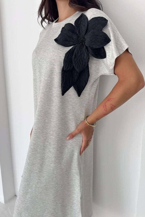 ONE COLOR SHORT SLEEVE FLOWER DETAIL WOMAN DRESS GREY/GRI - 5