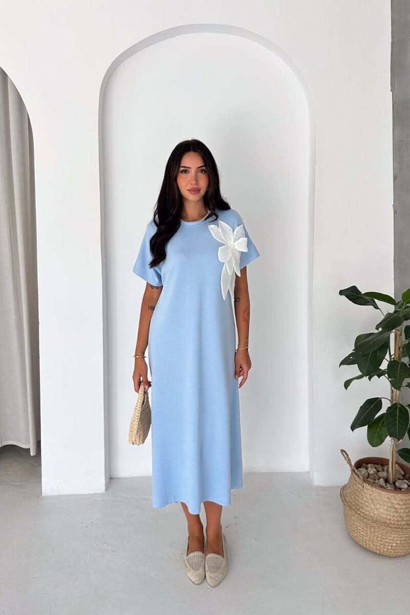 ONE COLOR SHORT SLEEVE FLOWER DETAIL WOMAN DRESS LIGHTBLUE/BZ - 1