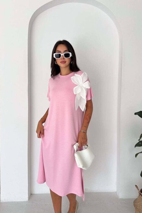 ONE COLOR SHORT SLEEVE FLOWER DETAIL WOMAN DRESS PINK/ROZE - KLAUDIO FASHION