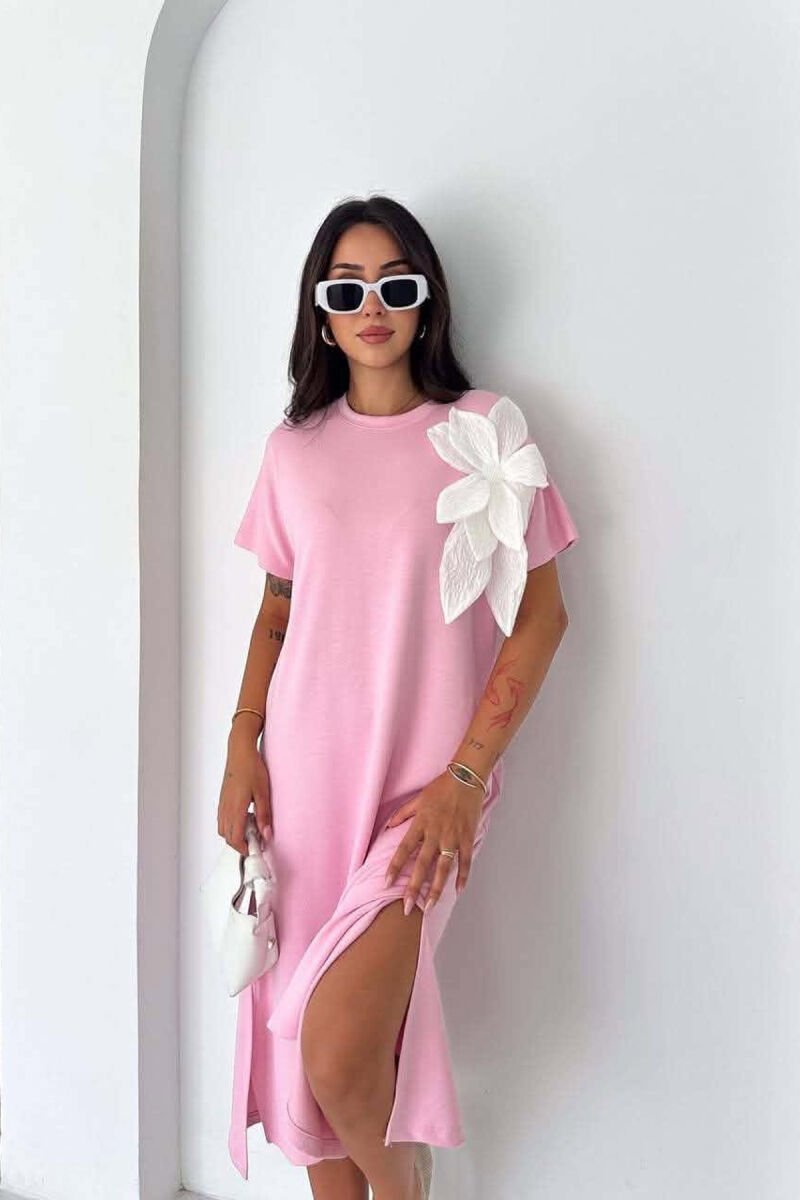 ONE COLOR SHORT SLEEVE FLOWER DETAIL WOMAN DRESS PINK/ROZE - 2