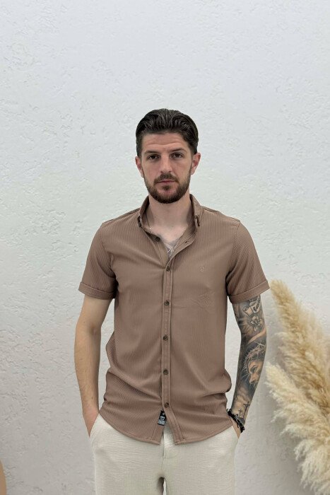 ONE COLOR SHORT SLEEVE MEN SHIRT LIGHT BROWN/KAZB - KLAUDIO FASHION