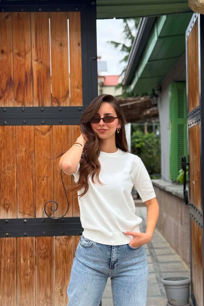 ONE COLOR SHORT SLEEVE ROUND NECK WOMEN SWEATER WHITE-E BARDHE - 4