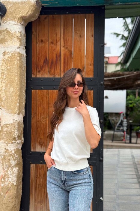 ONE COLOR SHORT SLEEVE ROUND NECK WOMEN SWEATER WHITE-E BARDHE - KLAUDIO FASHION