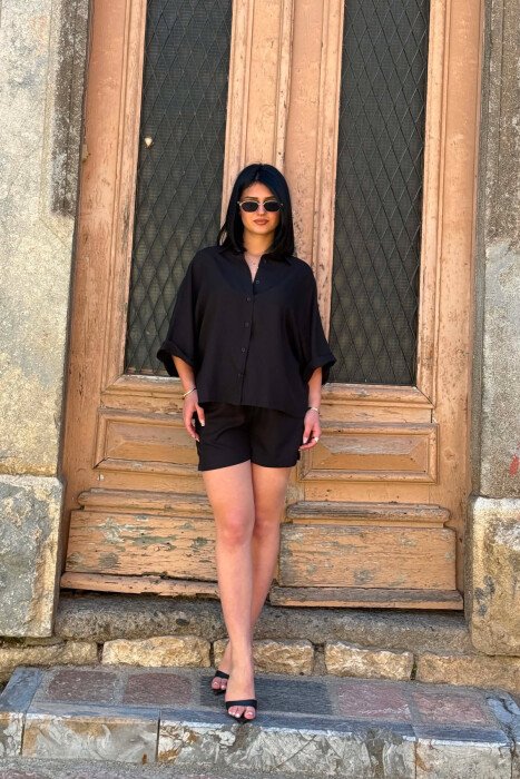 ONE COLOR SHORT SLEEVE SHIRT + SHORTS WOMAN SET BLACK/ E ZEZE - 1