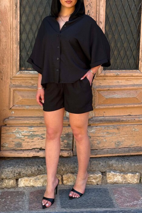 ONE COLOR SHORT SLEEVE SHIRT + SHORTS WOMAN SET BLACK/ E ZEZE - 5