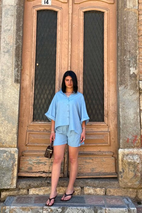 ONE COLOR SHORT SLEEVE SHIRT + SHORTS WOMAN SET LIGHTBLUE/BZ - 1