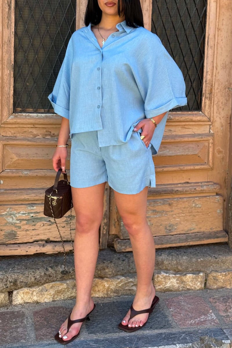 ONE COLOR SHORT SLEEVE SHIRT + SHORTS WOMAN SET LIGHTBLUE/BZ - 5
