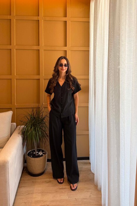 ONE COLOR SHORT SLEEVE SHIRT + TROUSERS WOMAN SET BLACK/ E ZEZE 