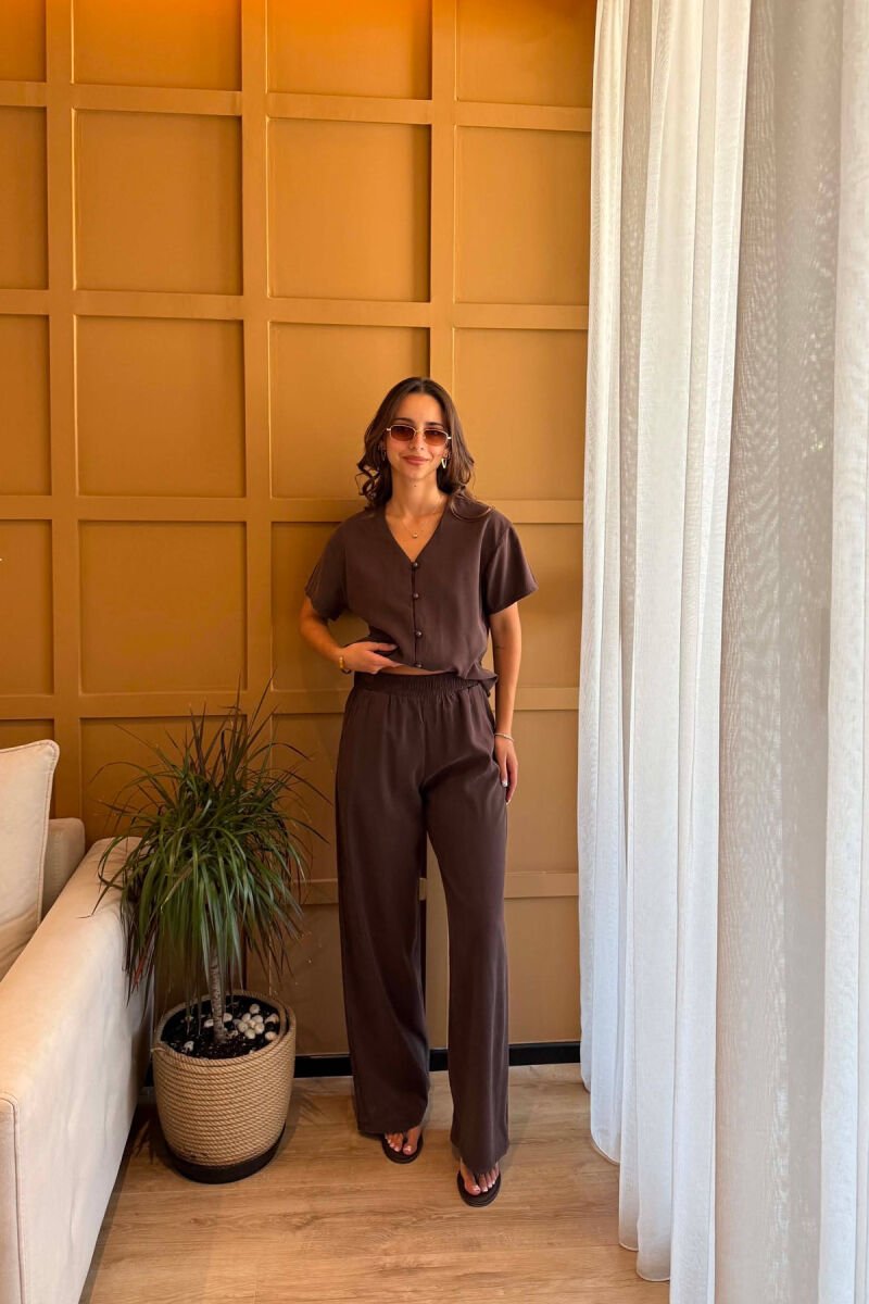 ONE COLOR SHORT SLEEVE SHIRT + TROUSERS WOMAN SET BROWN/KAFE - 1