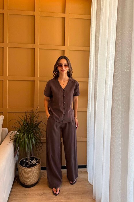 ONE COLOR SHORT SLEEVE SHIRT + TROUSERS WOMAN SET BROWN/KAFE - 2