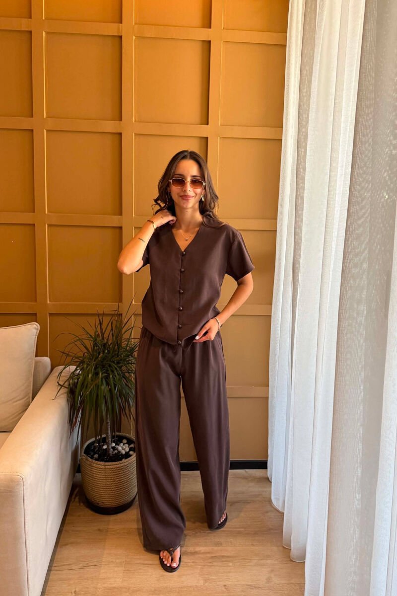 ONE COLOR SHORT SLEEVE SHIRT + TROUSERS WOMAN SET BROWN/KAFE - 3