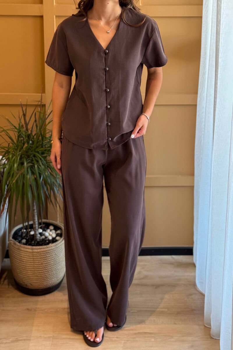 ONE COLOR SHORT SLEEVE SHIRT + TROUSERS WOMAN SET BROWN/KAFE - 4