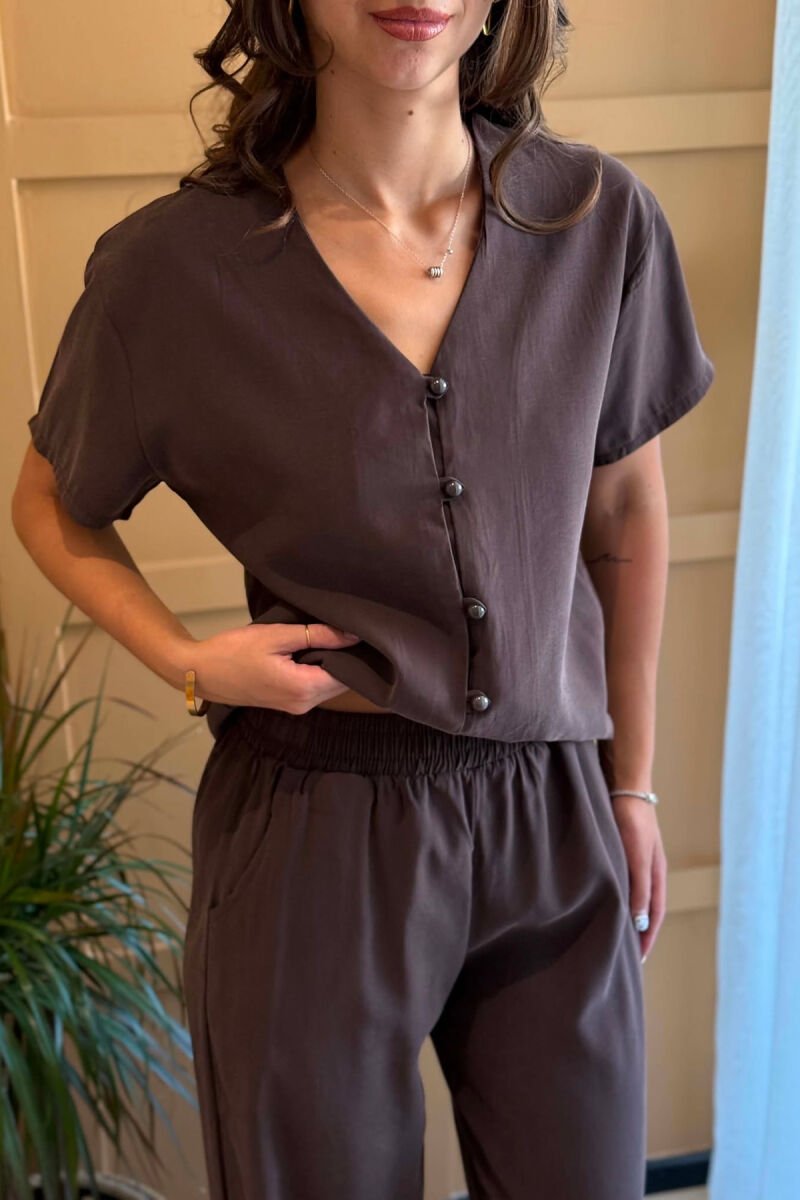 ONE COLOR SHORT SLEEVE SHIRT + TROUSERS WOMAN SET BROWN/KAFE - 5