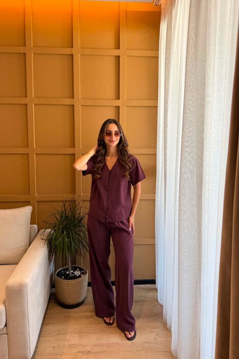 ONE COLOR SHORT SLEEVE SHIRT + TROUSERS WOMAN SET BURGUNDY/VISHNJE 