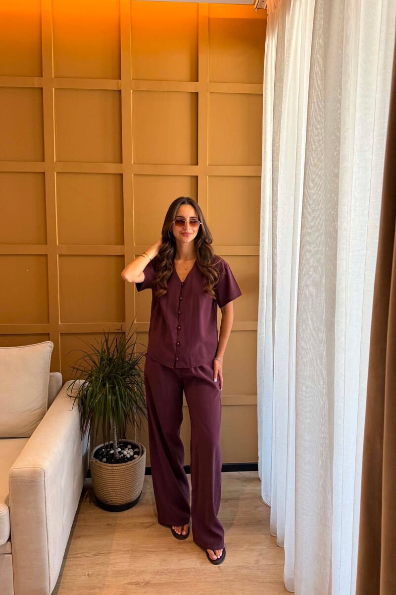 ONE COLOR SHORT SLEEVE SHIRT + TROUSERS WOMAN SET BURGUNDY/VISHNJE - 1
