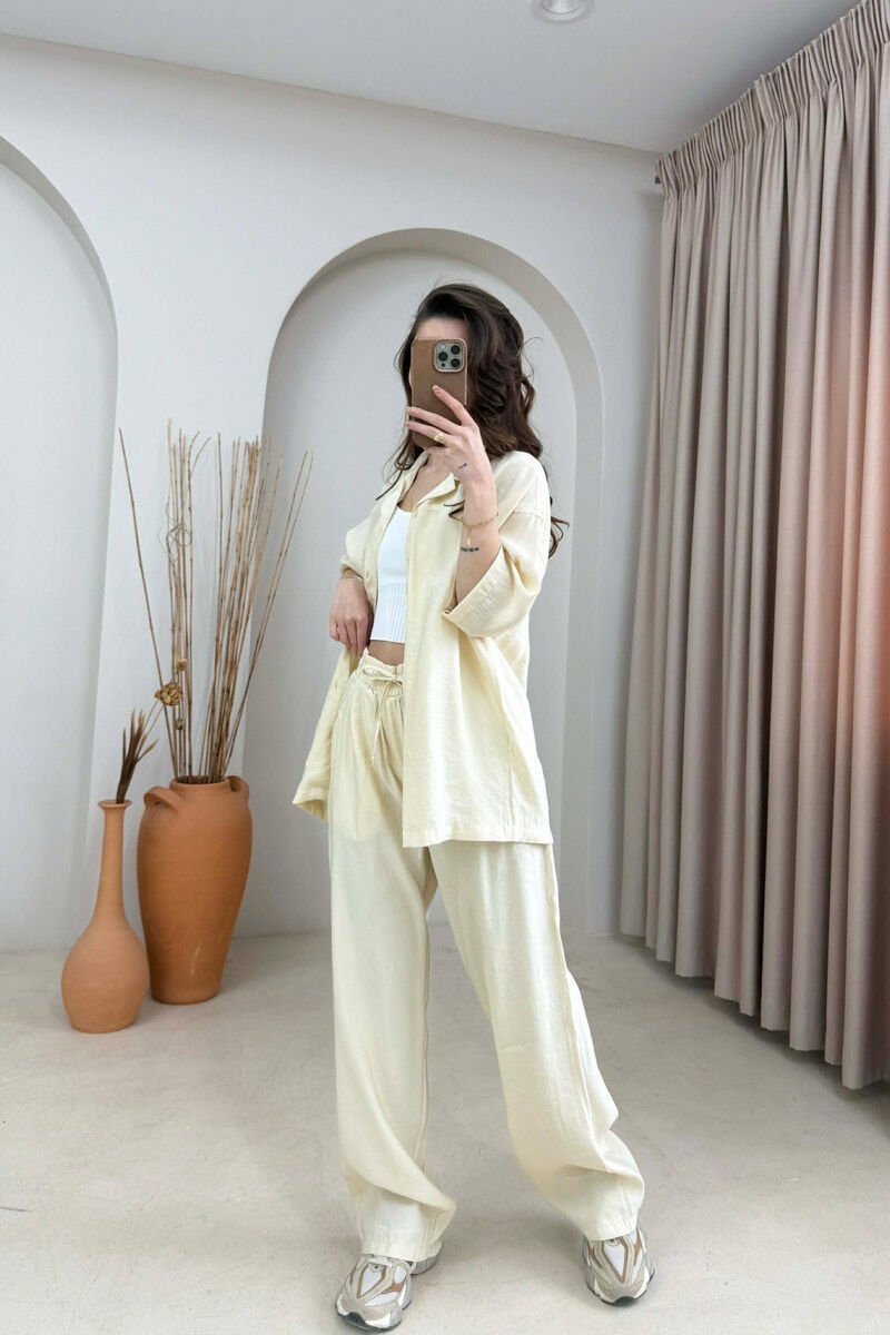 ONE COLOR SHORT SLEEVE SHIRT + TROUSERS WOMAN SET CREAM/KREM - 1