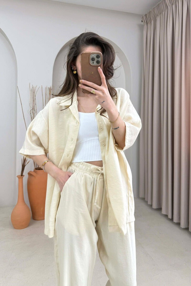 ONE COLOR SHORT SLEEVE SHIRT + TROUSERS WOMAN SET CREAM/KREM - 2