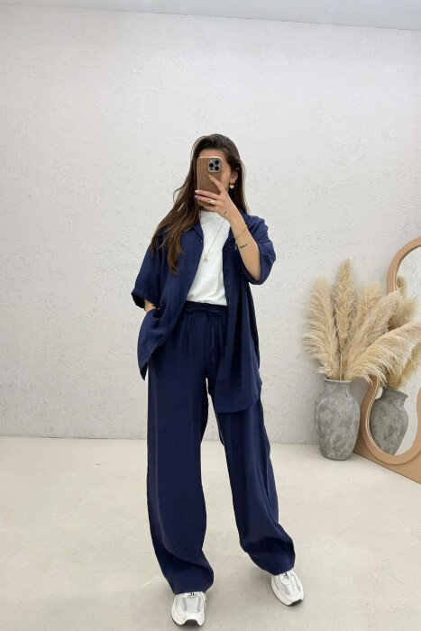 ONE COLOR SHORT SLEEVE SHIRT + TROUSERS WOMAN SET DARK BLUE/BEE - 1