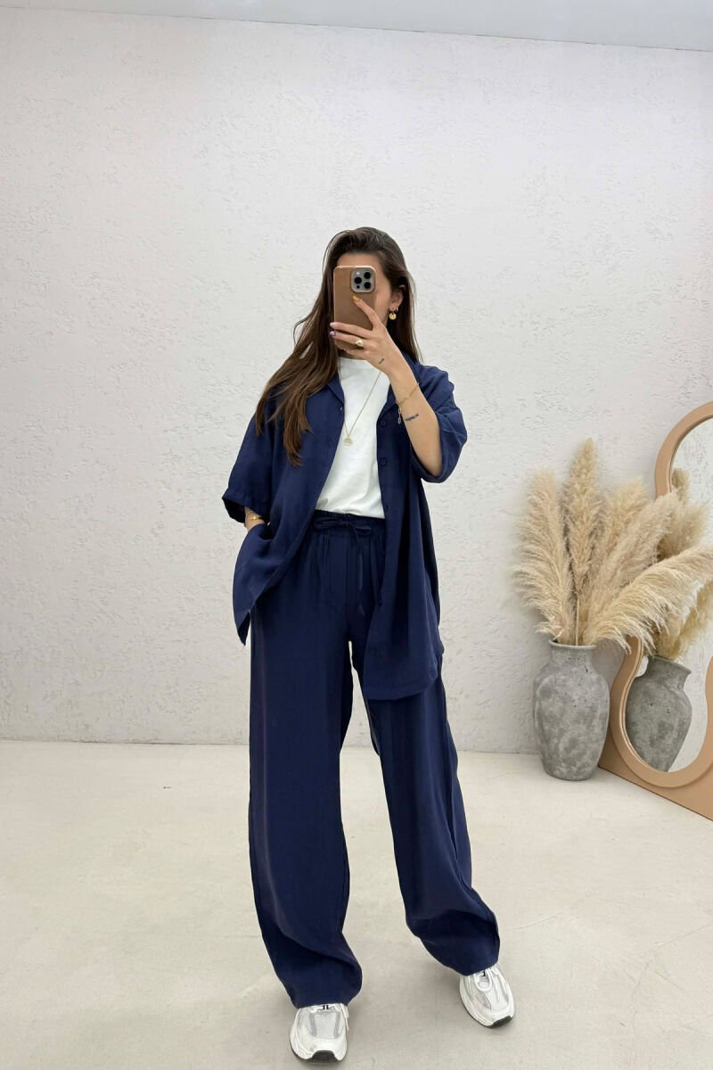 ONE COLOR SHORT SLEEVE SHIRT + TROUSERS WOMAN SET DARK BLUE/BEE - 1