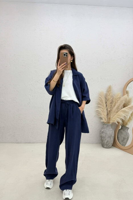ONE COLOR SHORT SLEEVE SHIRT + TROUSERS WOMAN SET DARK BLUE/BEE - 2