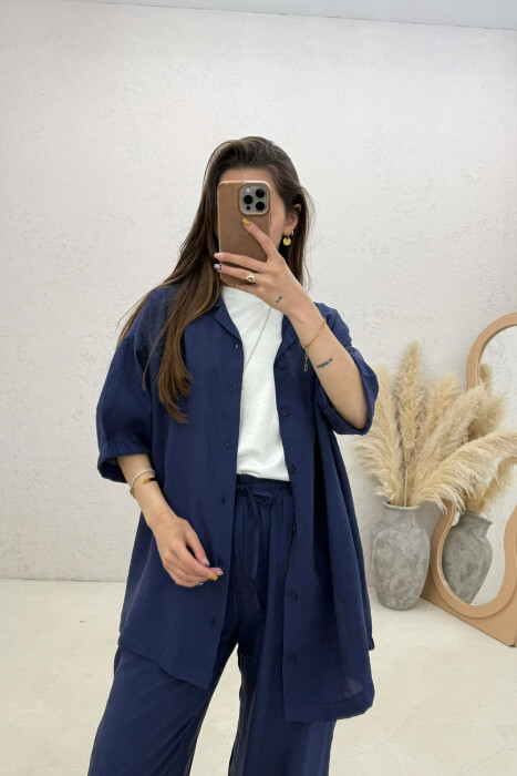 ONE COLOR SHORT SLEEVE SHIRT + TROUSERS WOMAN SET DARK BLUE/BEE - 4