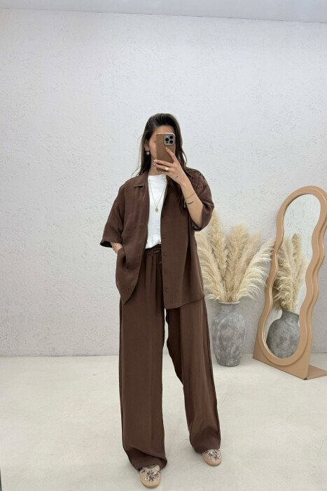 ONE COLOR SHORT SLEEVE SHIRT + TROUSERS WOMAN SET DARK BROWN/KAE - 1