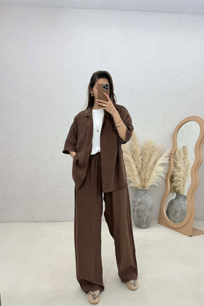 ONE COLOR SHORT SLEEVE SHIRT + TROUSERS WOMAN SET DARK BROWN/KAE - 1