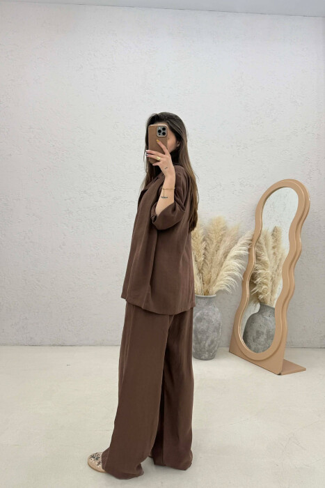 ONE COLOR SHORT SLEEVE SHIRT + TROUSERS WOMAN SET DARK BROWN/KAE - 2