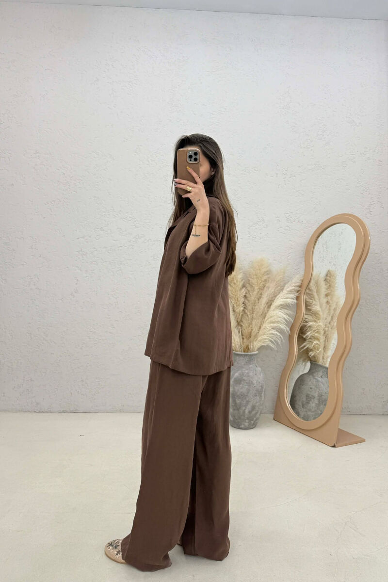 ONE COLOR SHORT SLEEVE SHIRT + TROUSERS WOMAN SET DARK BROWN/KAE - 2