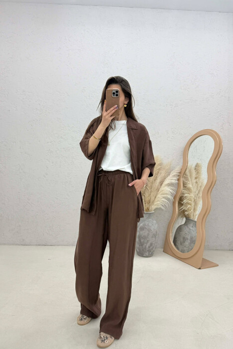 ONE COLOR SHORT SLEEVE SHIRT + TROUSERS WOMAN SET DARK BROWN/KAE - 3