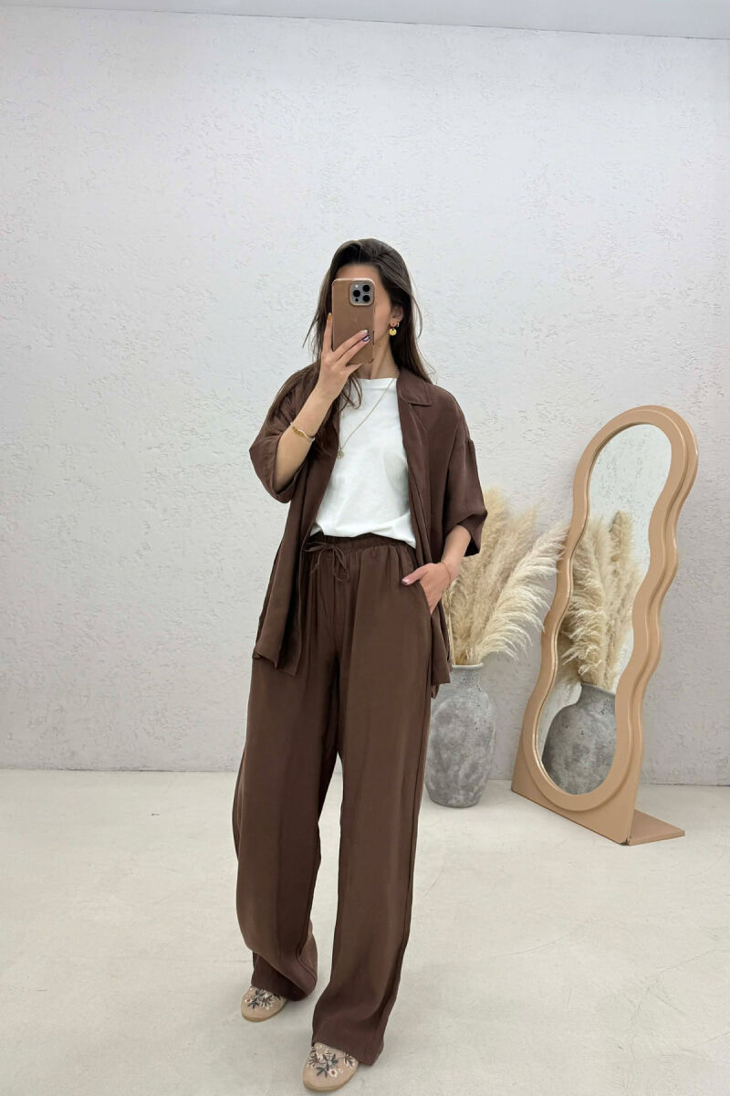 ONE COLOR SHORT SLEEVE SHIRT + TROUSERS WOMAN SET DARK BROWN/KAE - 3