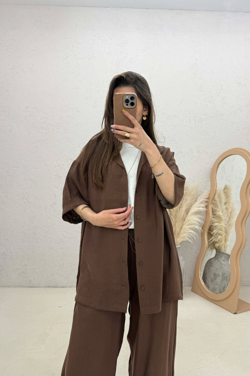 ONE COLOR SHORT SLEEVE SHIRT + TROUSERS WOMAN SET DARK BROWN/KAE - 4