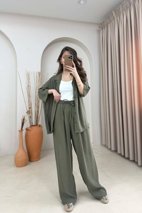 ONE COLOR SHORT SLEEVE SHIRT + TROUSERS WOMAN SET GREEN/JESHILE - 1