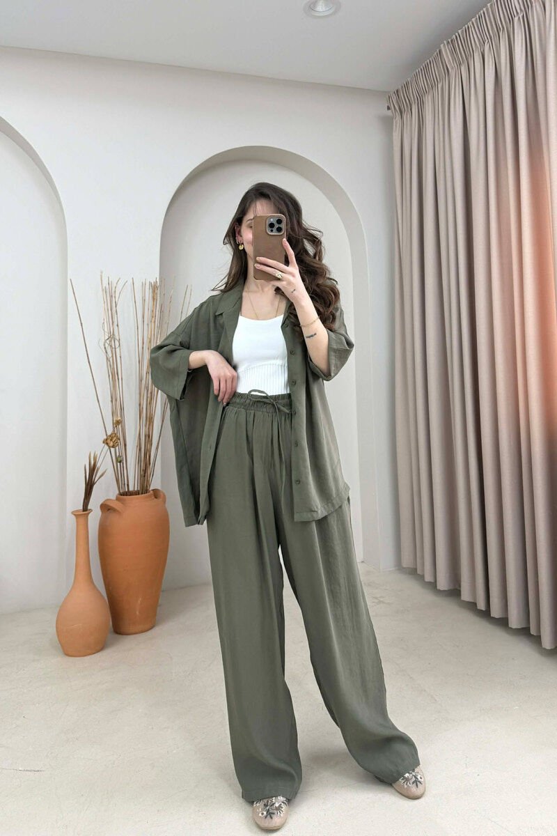 ONE COLOR SHORT SLEEVE SHIRT + TROUSERS WOMAN SET GREEN/JESHILE - 1