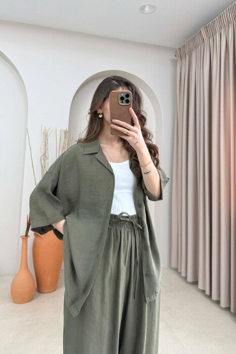 ONE COLOR SHORT SLEEVE SHIRT + TROUSERS WOMAN SET GREEN/JESHILE - 2