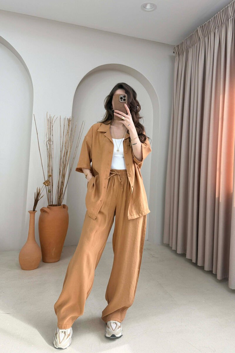 ONE COLOR SHORT SLEEVE SHIRT + TROUSERS WOMAN SET LIGHT BROWN/KAZB - 1