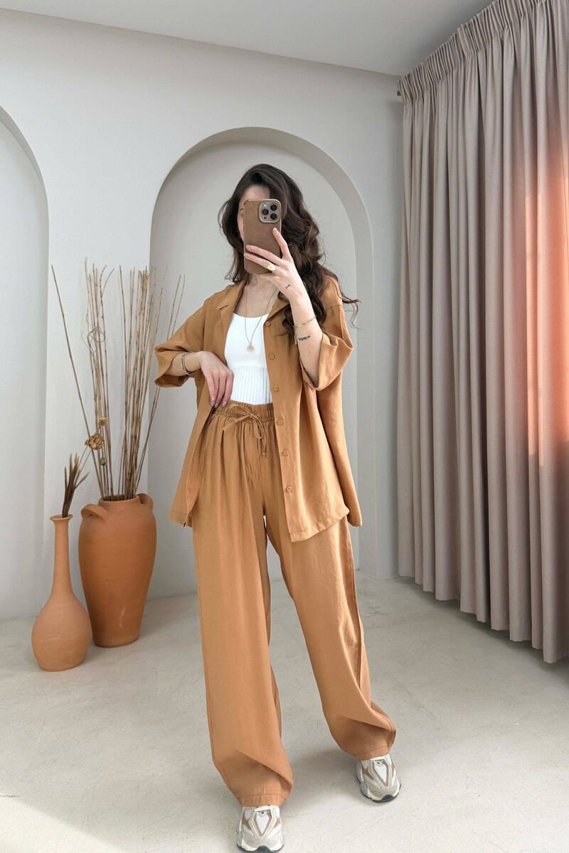 ONE COLOR SHORT SLEEVE SHIRT + TROUSERS WOMAN SET LIGHT BROWN/KAZB - 2