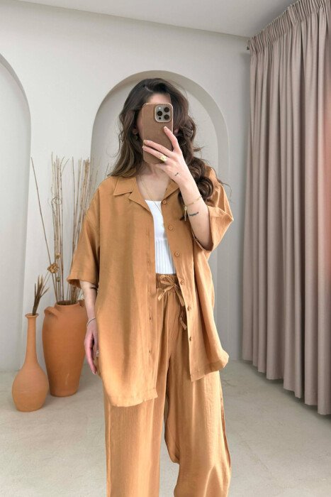 ONE COLOR SHORT SLEEVE SHIRT + TROUSERS WOMAN SET LIGHT BROWN/KAZB - 3