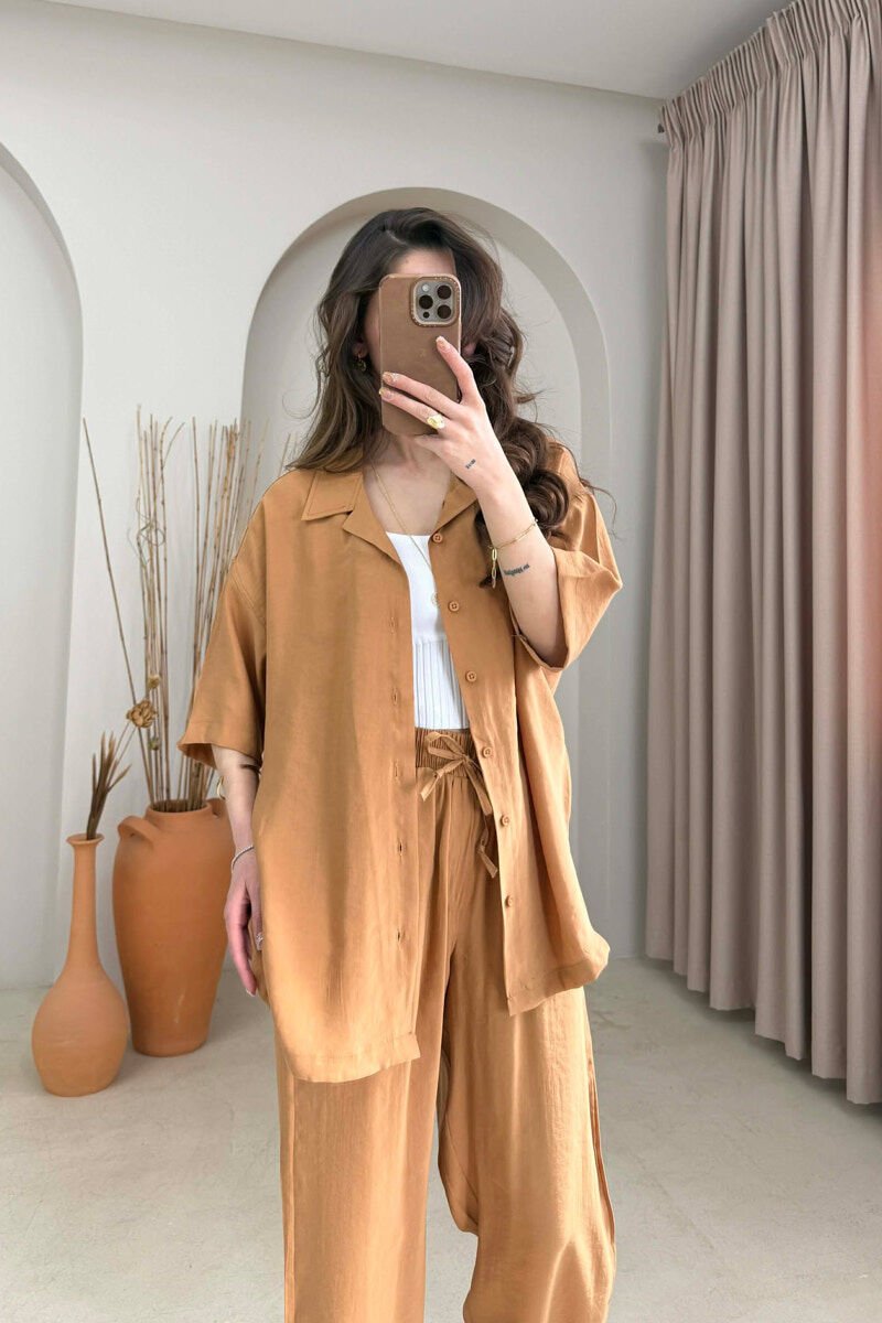 ONE COLOR SHORT SLEEVE SHIRT + TROUSERS WOMAN SET LIGHT BROWN/KAZB - 3
