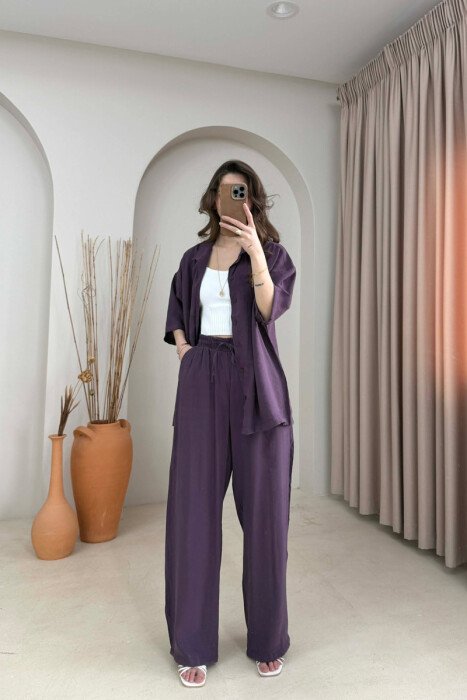 ONE COLOR SHORT SLEEVE SHIRT + TROUSERS WOMAN SET PURPLE/LEJLA - 1