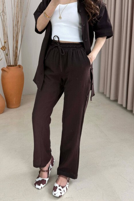 ONE COLOR SHORT SLEEVE SHIRT+ TROUSERS WOMEN SET DARK BROWN/KAE - 3