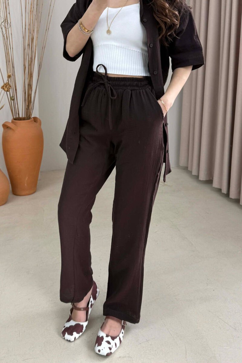ONE COLOR SHORT SLEEVE SHIRT+ TROUSERS WOMEN SET DARK BROWN/KAE - 3