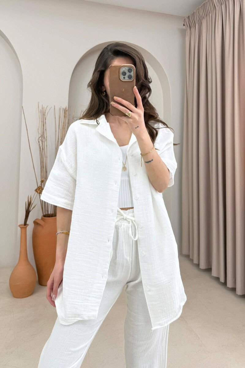 ONE COLOR SHORT SLEEVE SHIRT+ TROUSERS WOMEN SET WHITE-E BARDHE - 2