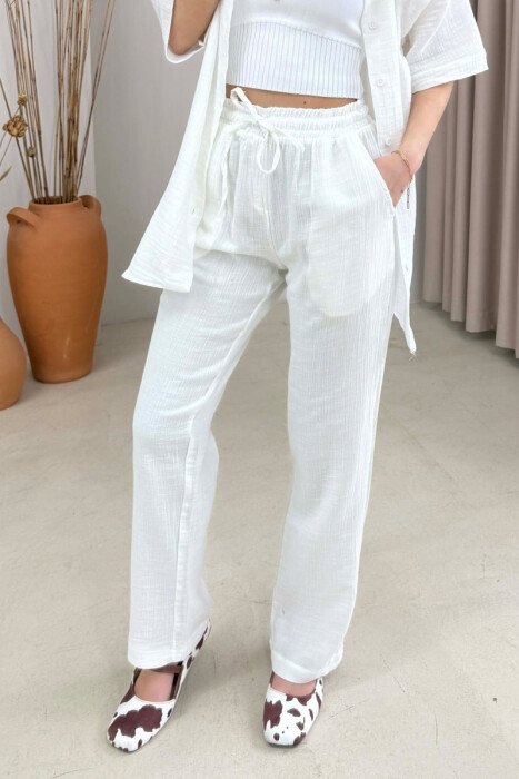 ONE COLOR SHORT SLEEVE SHIRT+ TROUSERS WOMEN SET WHITE-E BARDHE - 3