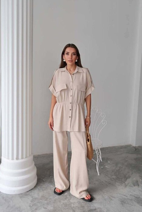 ONE COLOR SHORT SLEEVE SHIRT+TROUSERS WOMEN SET BEIGE/BEZHE 
