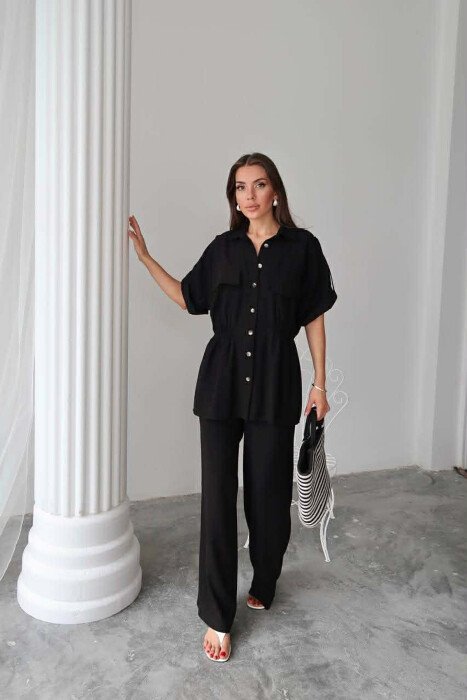 ONE COLOR SHORT SLEEVE SHIRT+TROUSERS WOMEN SET BLACK/ E ZEZE - 2