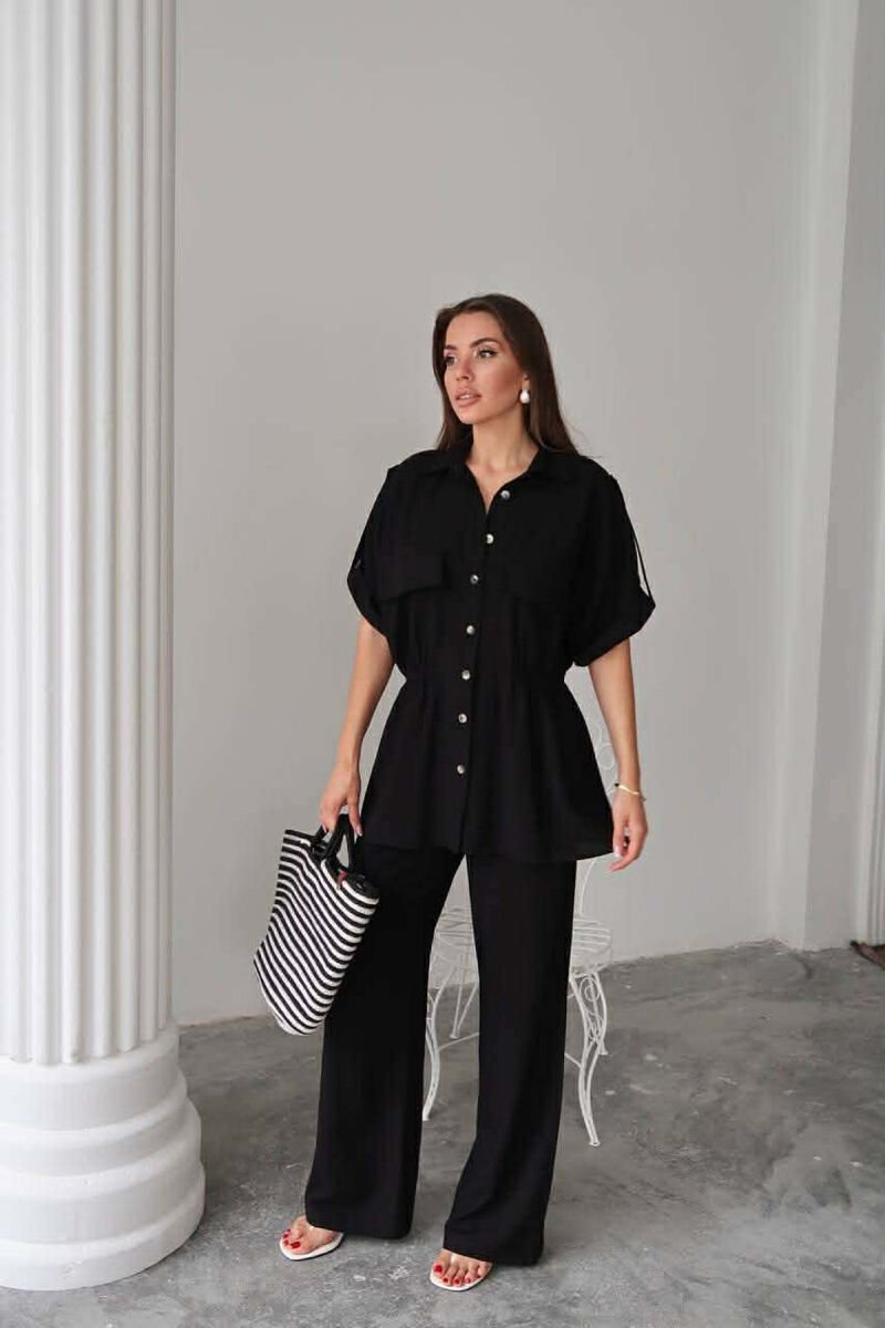 ONE COLOR SHORT SLEEVE SHIRT+TROUSERS WOMEN SET BLACK/ E ZEZE - 3