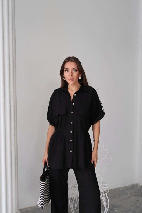 ONE COLOR SHORT SLEEVE SHIRT+TROUSERS WOMEN SET BLACK/ E ZEZE - 4