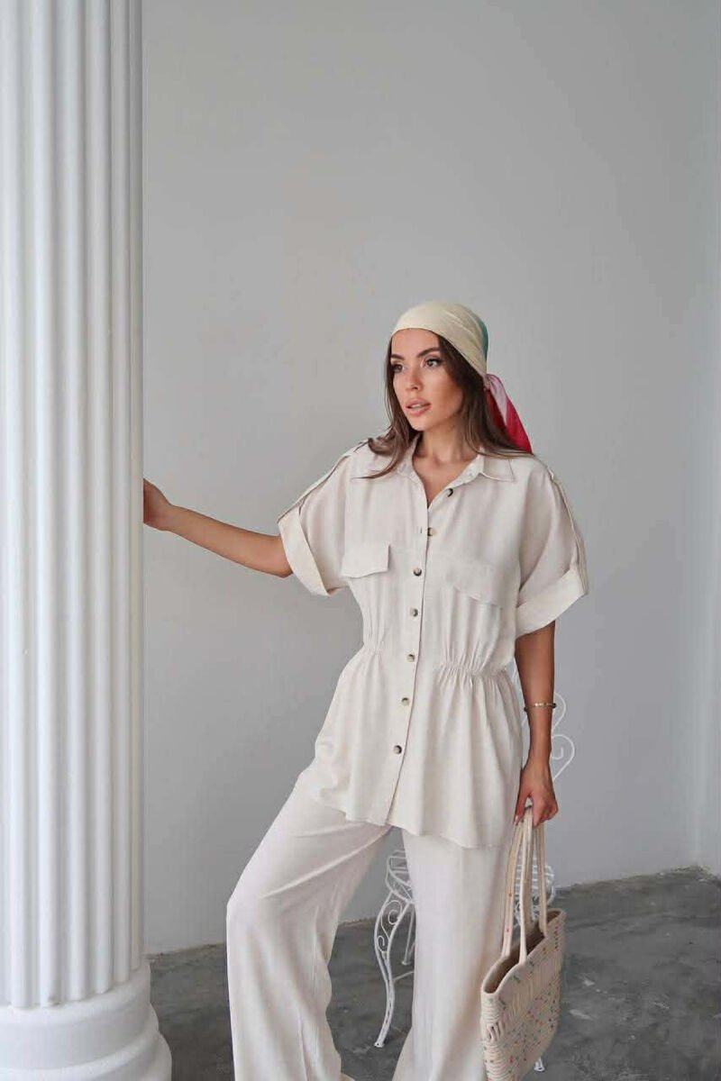 ONE COLOR SHORT SLEEVE SHIRT+TROUSERS WOMEN SET CREAM/KREM - 4
