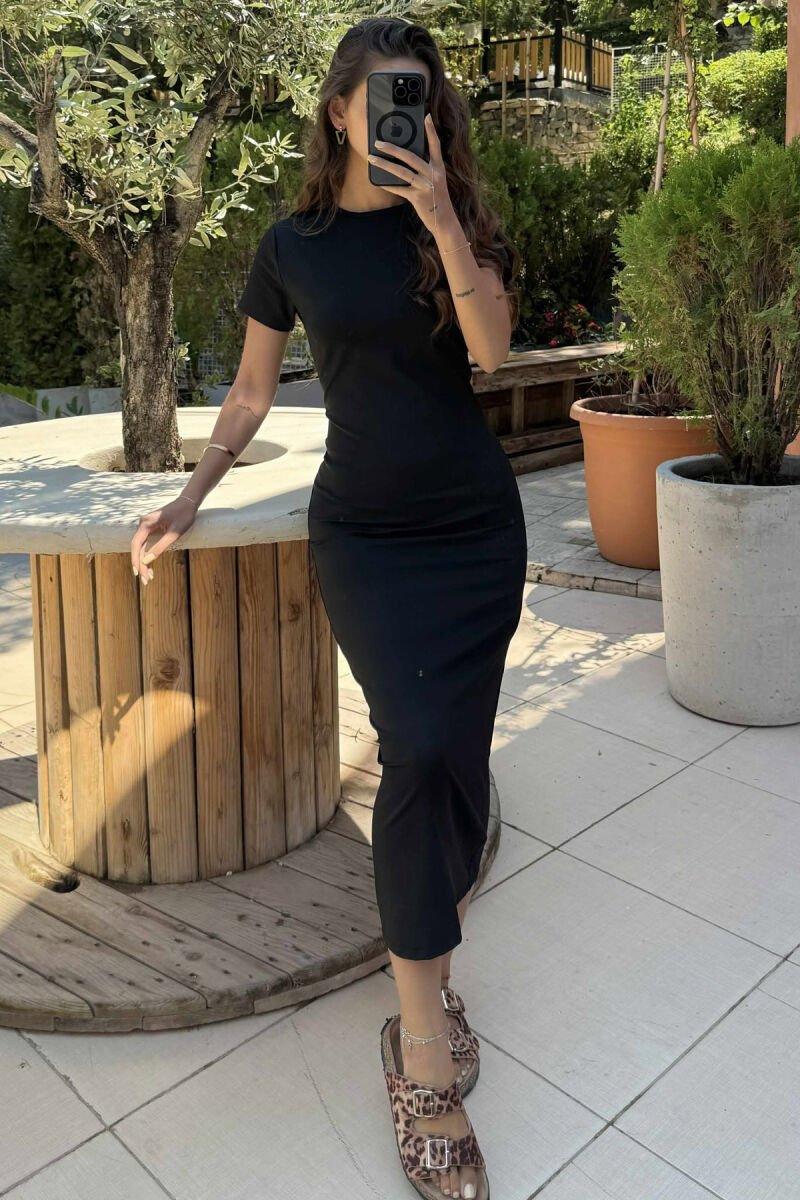 ONE COLOR SHORT SLEEVE SIMPLE WOMEN DRESS BLACK/ E ZEZE - 4